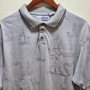 Michael Austin Polo Shirt Mens XL Gray Sailboat Print Pocket Knit Nautical Top